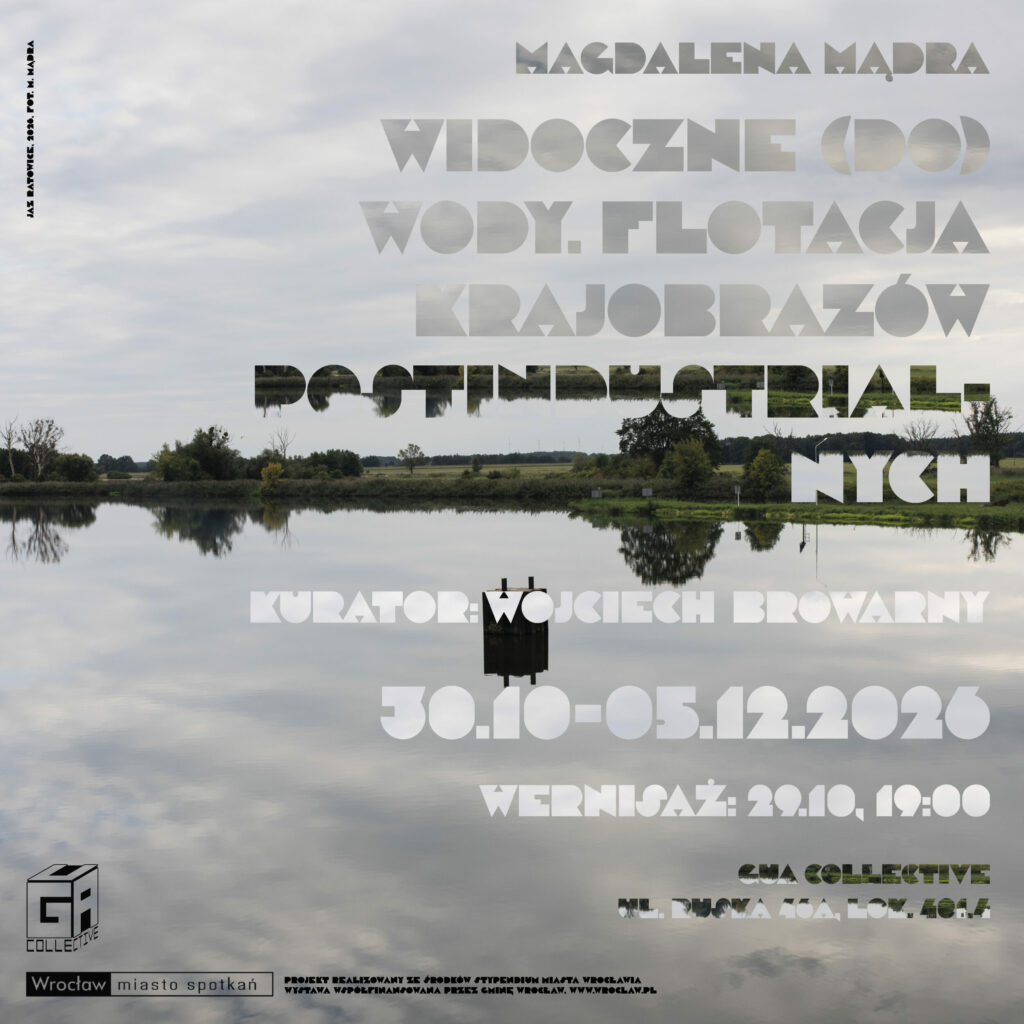 Grafika: w tle zbiornik wodny i jego linia brzegowa, tytuł wystawy, daty i miejsce oraz loga